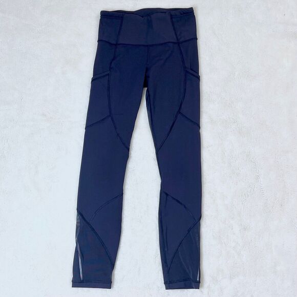 Lululemon Womens Navy Blue Mesh Cut Outrun Tights 7/8  Size 4 Small Pockets - Picture 5 of 12